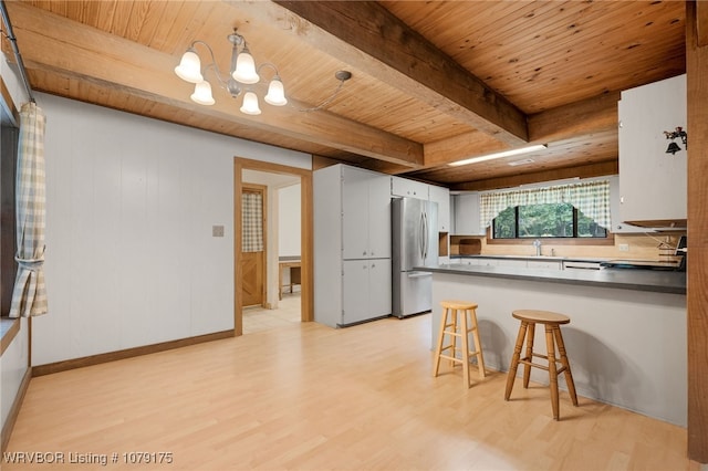 kitchen featuring white cabinets, wood ceiling, decorative light fixtures, a peninsula, and freestanding refrigerator