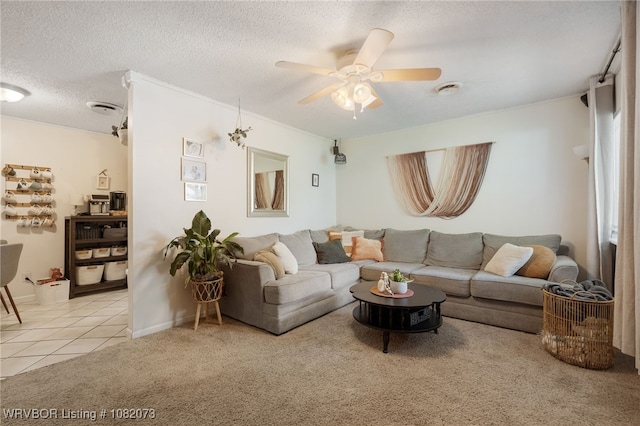 1008 Pattie Ln, Barling, AR 72923 - living area with a ceiling fan, light colored carpet, a textured ceiling, and light tile patterned floors
