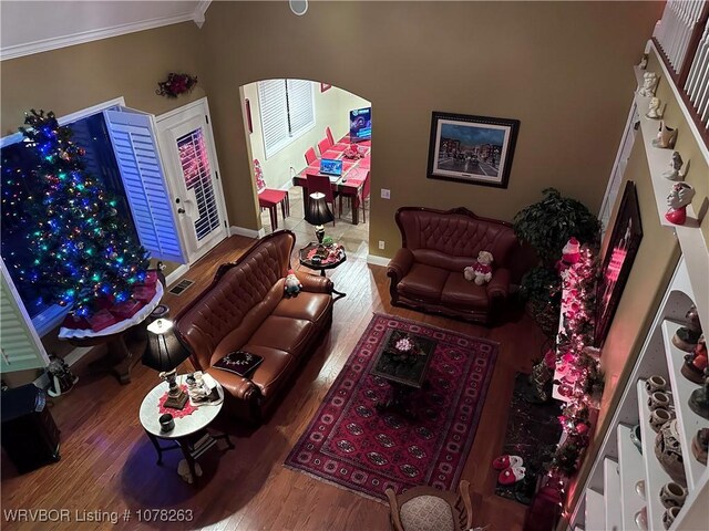 21 Bermuda Ct, Mountain Home, AR 72653 - living area with arched walkways, wood finished floors, crown molding, and baseboards