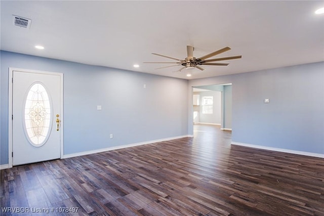 foyer featuring dark hardwood / wood-style flooring and ceiling fan