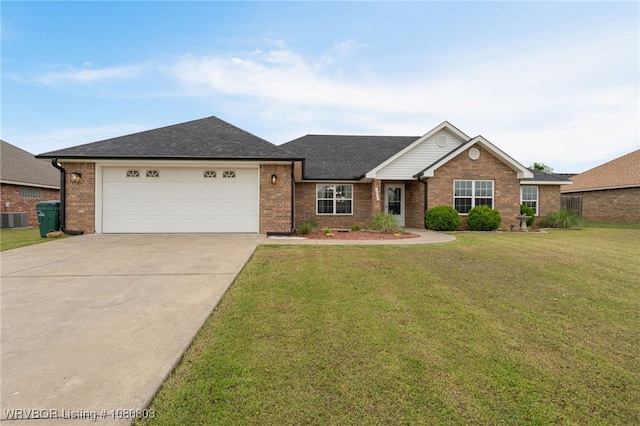 ranch-style house with driveway, a garage, a front yard, brick siding, and a shingled roof
