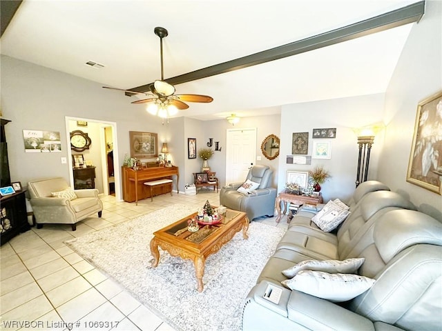 tiled living room featuring ceiling fan