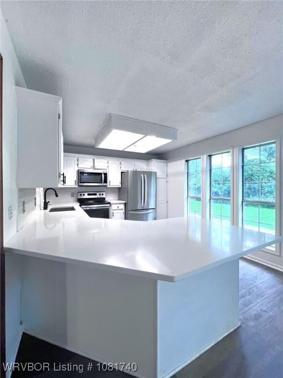 2015 Woodwind Way, Van Buren, AR 72956 - kitchen featuring stainless steel appliances, a textured ceiling, a peninsula, dark wood-type flooring, and light countertops