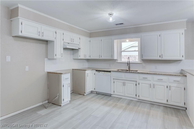 kitchen with white cabinetry, dishwasher, and sink