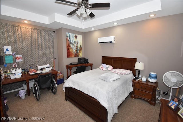 bedroom with light carpet, a wall mounted air conditioner, recessed lighting, a desk, and ceiling fan