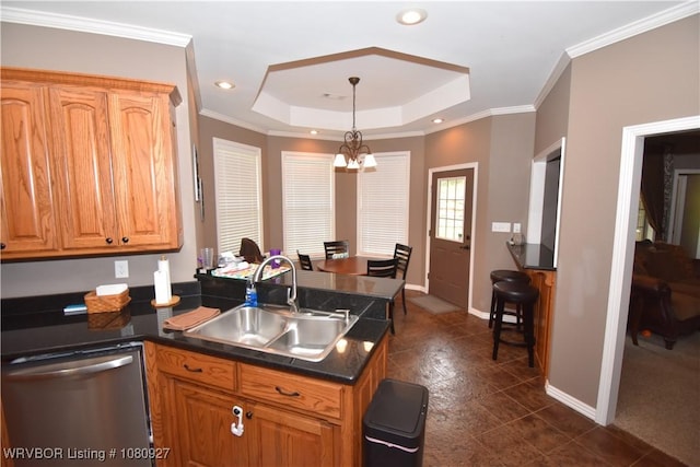 kitchen with a sink, stainless steel dishwasher, a peninsula, dark countertops, and recessed lighting