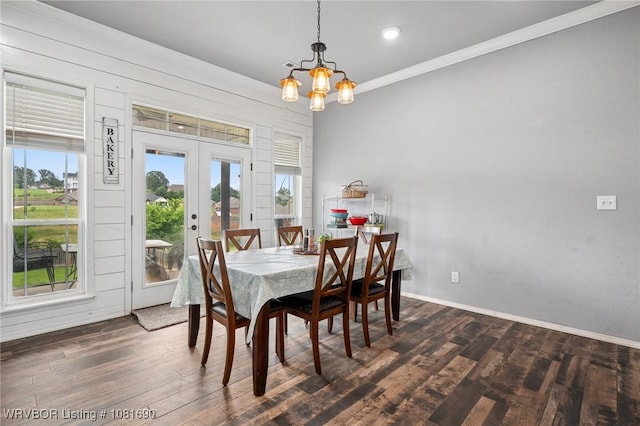 2207 Lisa Ln, Van Buren, AR 72956 - dining room with a chandelier, dark wood-style flooring, crown molding, plenty of natural light, and french doors