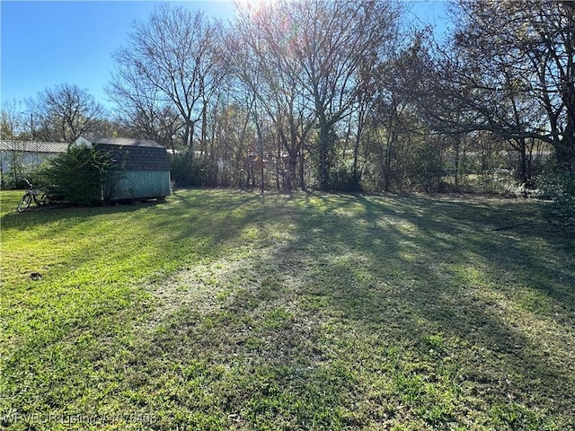 view of yard featuring a storage unit