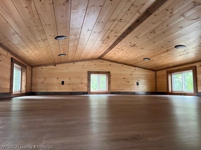 additional living space with wood walls, wood ceiling, and vaulted ceiling