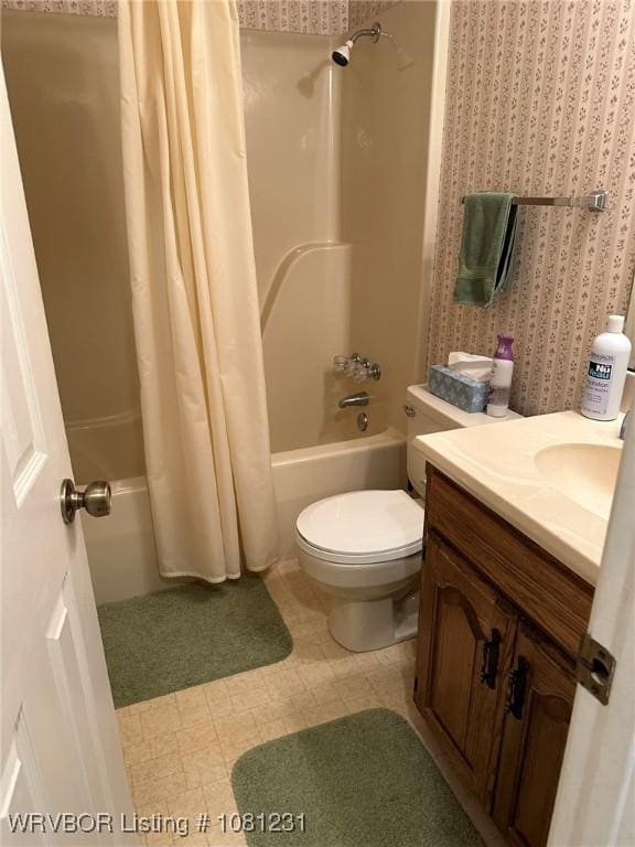 5108 S 94th St, Fort Smith, AR 72903 - full bath featuring shower / tub combo, toilet, vanity, tile patterned floors, and wallpapered walls