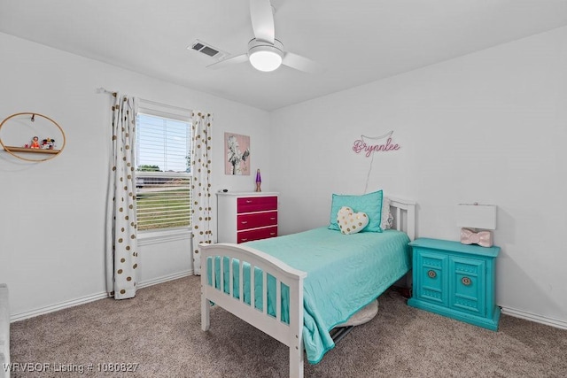 bedroom with carpet flooring, ceiling fan, and baseboards