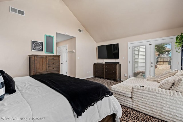 carpeted bedroom featuring access to exterior, baseboards, high vaulted ceiling, and french doors