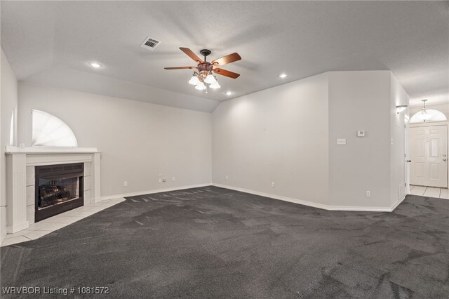 7004 Millennium Dr, Fort Smith, AR 72916 - unfurnished living room featuring carpet, ceiling fan, recessed lighting, and a tiled fireplace