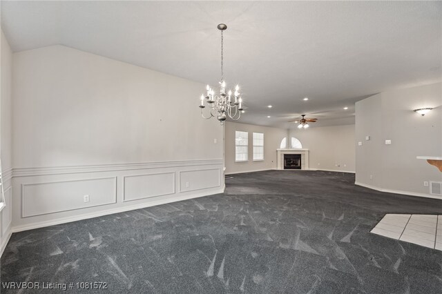 7004 Millennium Dr, Fort Smith, AR 72916 - unfurnished living room with a chandelier, carpet flooring, ceiling fan, a fireplace, and lofted ceiling