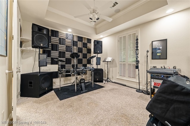 38 Jeffrey Way, Fort Smith, AR 72903 - office space with crown molding, carpet, a ceiling fan, a tray ceiling, and baseboards