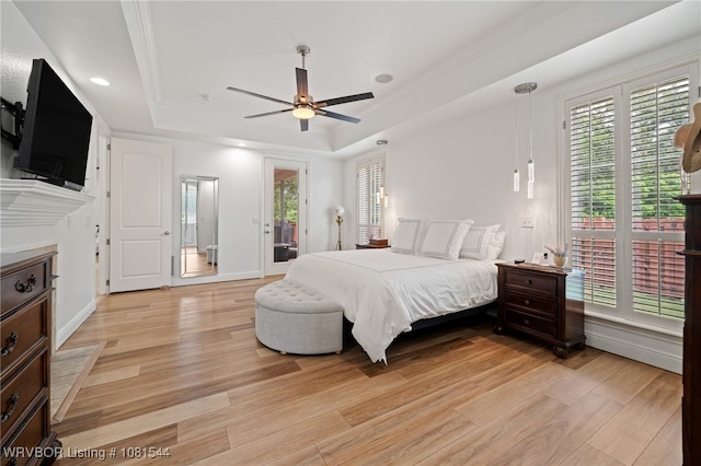 38 Jeffrey Way, Fort Smith, AR 72903 - bedroom with a raised ceiling, access to exterior, light wood-style floors, ceiling fan, and ornamental molding