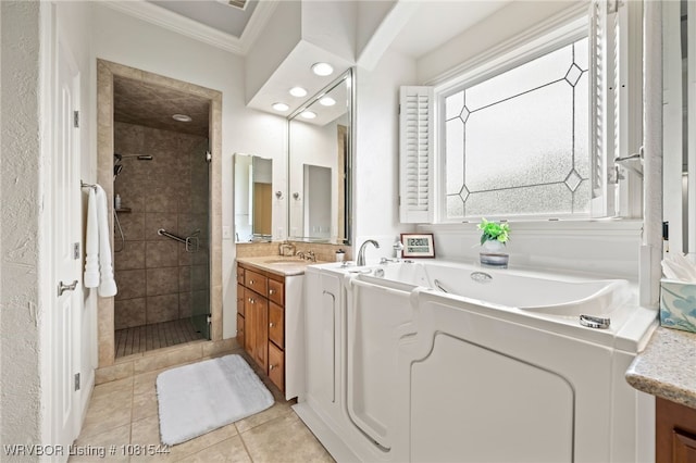 38 Jeffrey Way, Fort Smith, AR 72903 - full bathroom featuring crown molding, vanity, a shower stall, tile patterned floors, and a garden tub