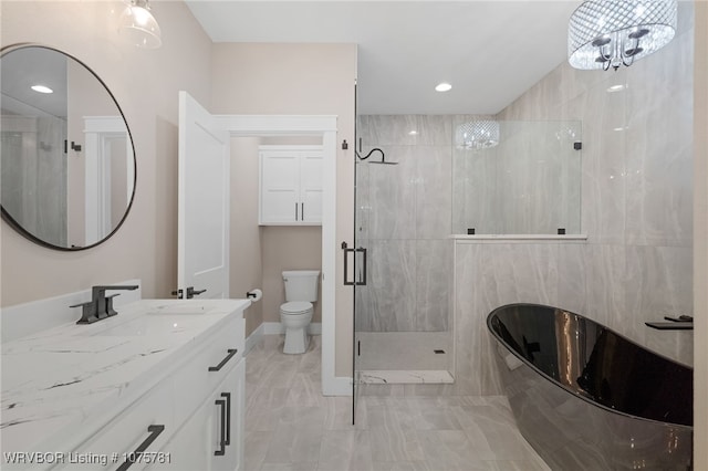 full bathroom featuring vanity, an inviting chandelier, plus walk in shower, and toilet