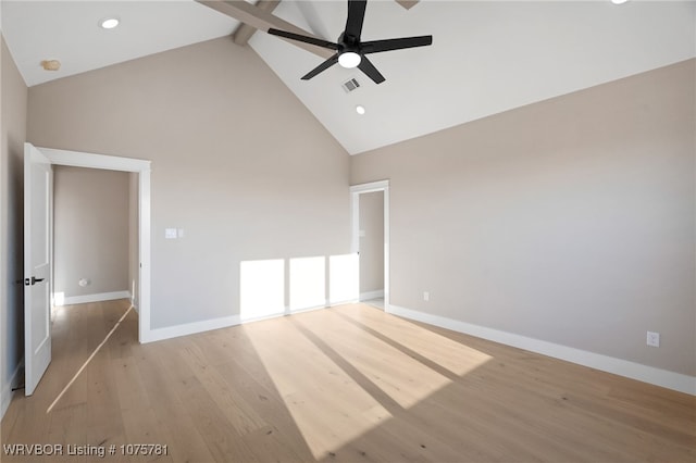 empty room featuring ceiling fan, beam ceiling, light hardwood / wood-style floors, and high vaulted ceiling