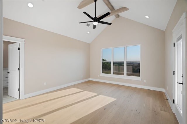 unfurnished bedroom featuring beamed ceiling, light hardwood / wood-style floors, and high vaulted ceiling