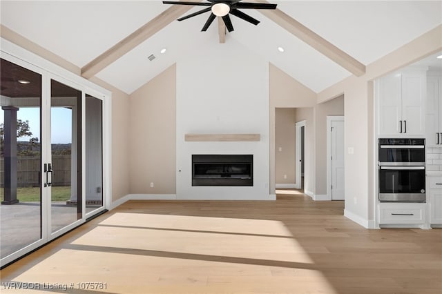 unfurnished living room with beamed ceiling, ceiling fan, high vaulted ceiling, and light hardwood / wood-style flooring