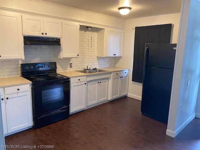 kitchen featuring backsplash, sink, black appliances, dark hardwood / wood-style floors, and white cabinetry