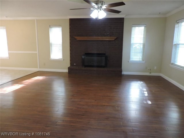 2211 Breckenridge Ter, Greenwood, AR 72936 - unfurnished living room featuring crown molding, a ceiling fan, wood finished floors, and a fireplace