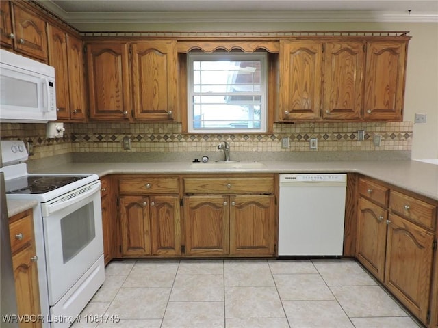 2211 Breckenridge Ter, Greenwood, AR 72936 - kitchen with white appliances, crown molding, brown cabinets, tasteful backsplash, and light countertops