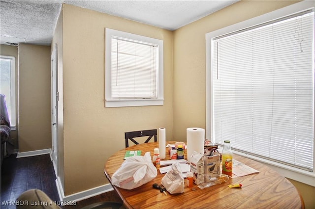 dining area with a healthy amount of sunlight, dark hardwood / wood-style floors, and a textured ceiling