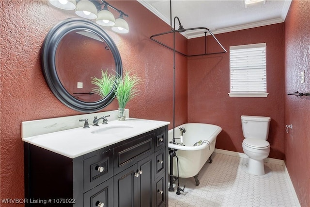 bathroom with a bathing tub, vanity, toilet, crown molding, and tile patterned floors