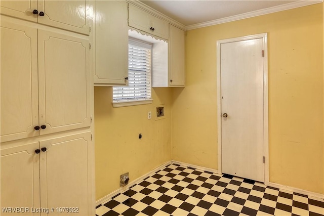 laundry area featuring crown molding, cabinets, hookup for an electric dryer, and hookup for a washing machine