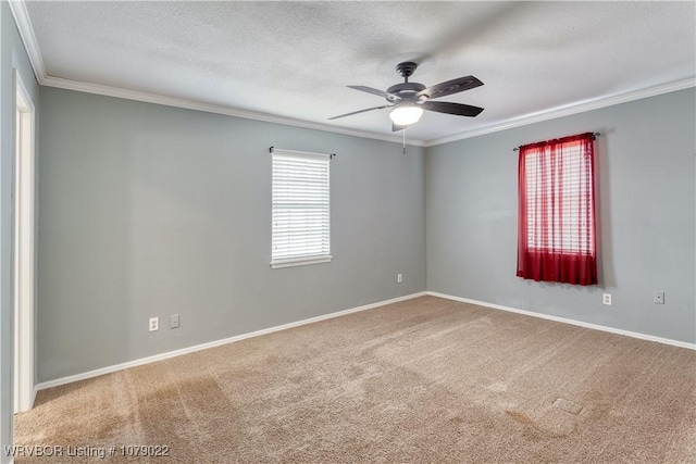 spare room with crown molding, ceiling fan, carpet flooring, and a textured ceiling