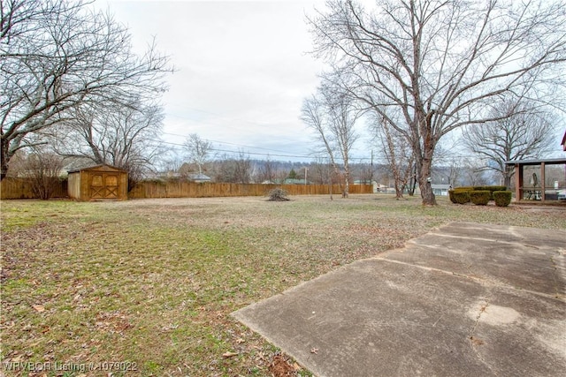 view of yard featuring a shed and a patio