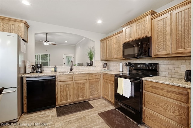 106 Stone Dr, Roland, OK 74954 - kitchen featuring black appliances, light brown cabinets, backsplash, a ceiling fan, and recessed lighting