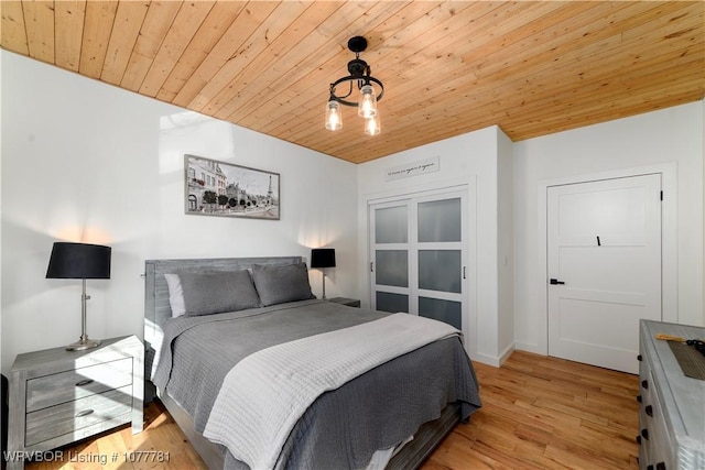 bedroom featuring light hardwood / wood-style flooring and wood ceiling