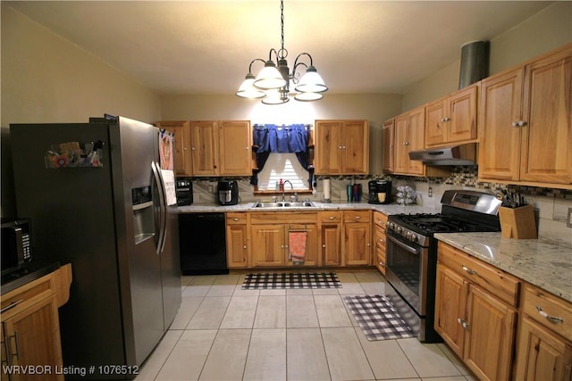 kitchen with decorative backsplash, a sink, under cabinet range hood, and black appliances