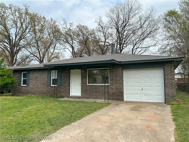 102 Gamma Cir, Roland, OK 74954 - ranch-style house featuring brick siding, a front lawn, a garage, and concrete driveway