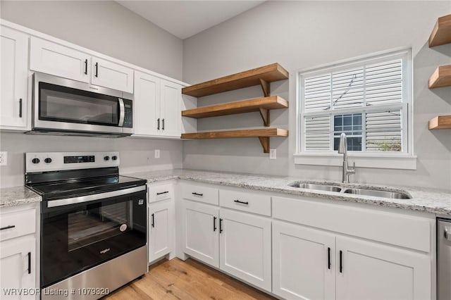 kitchen with open shelves, stainless steel appliances, white cabinets, and a sink