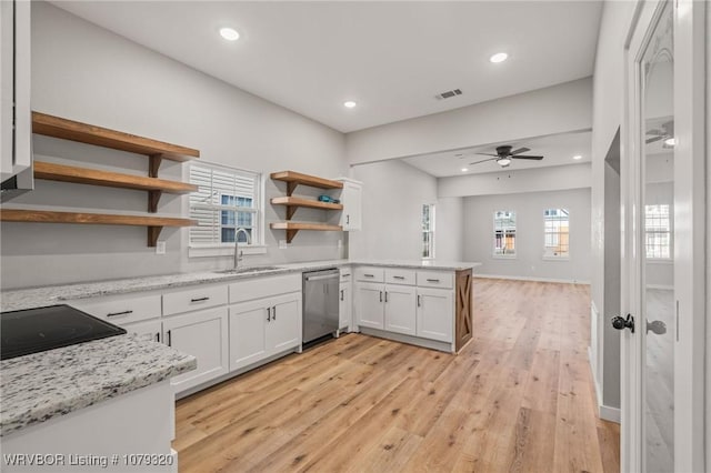 kitchen with white cabinetry, open shelves, a peninsula, a sink, and dishwasher