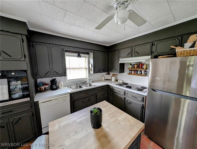 1385 Old Airport Rd, Paris, AR 72855 - kitchen featuring freestanding refrigerator, dishwasher, a sink, electric cooktop, and a ceiling fan