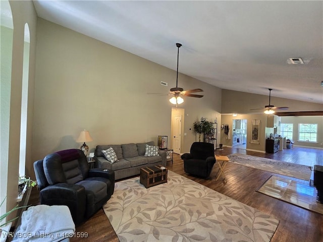 20222 Garman Rd, Gentry, AR 72734 - living room with vaulted ceiling, a ceiling fan, and wood finished floors