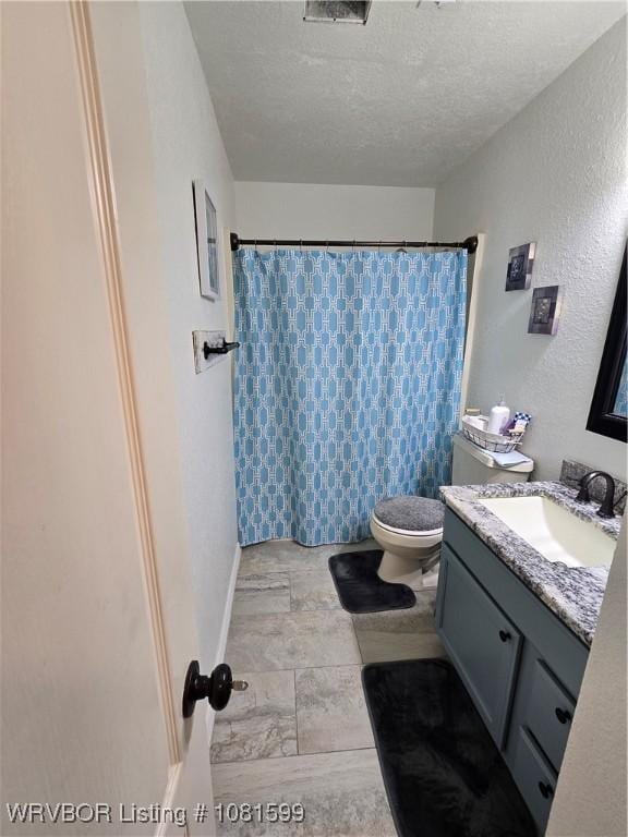20222 Garman Rd, Gentry, AR 72734 - bathroom featuring vanity, a textured ceiling, a shower with shower curtain, and a textured wall