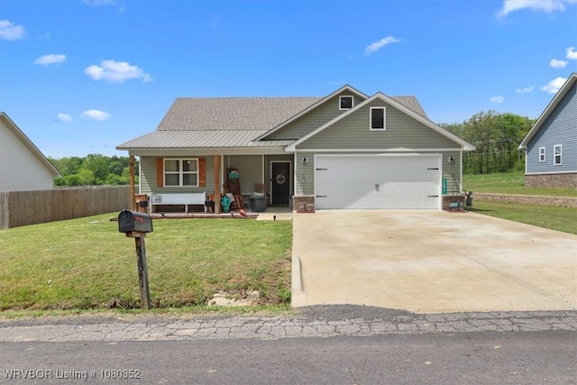 view of front of house with fence, a front lawn, an attached garage, driveway, and a porch