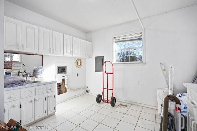 washroom featuring cabinets, electric panel, and hookup for an electric dryer