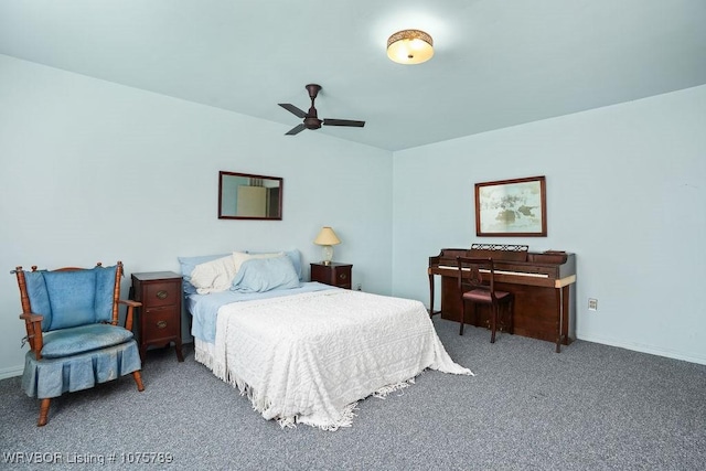 bedroom with ceiling fan and carpet floors