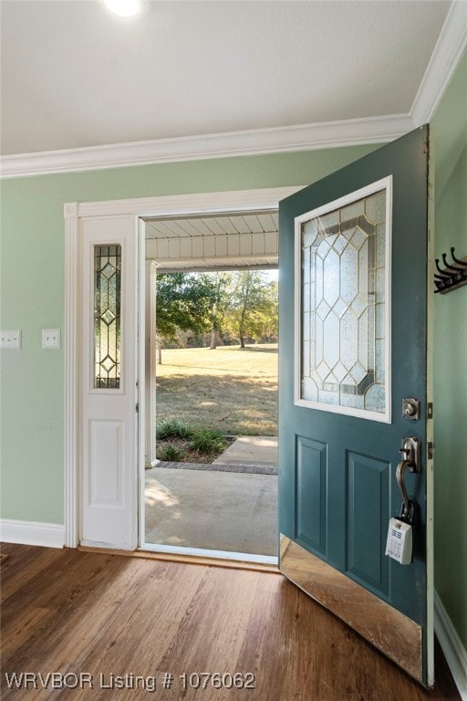 entrance foyer featuring wood-type flooring and ornamental molding