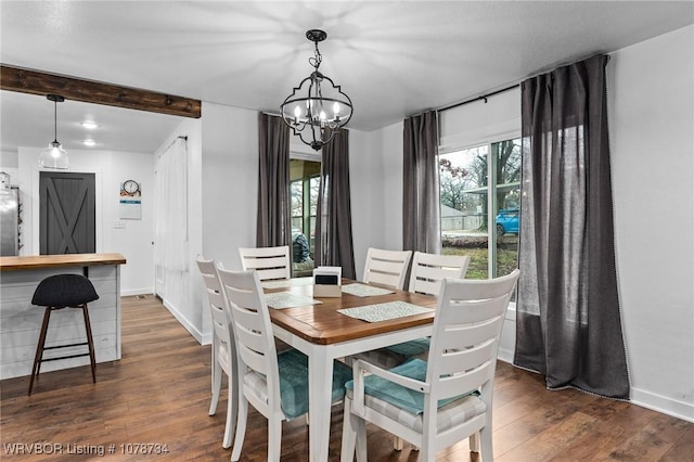 dining room with dark hardwood / wood-style flooring, beam ceiling, and a notable chandelier