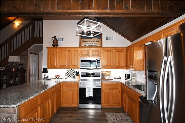 kitchen featuring wood ceiling, lofted ceiling with beams, appliances with stainless steel finishes, dark hardwood / wood-style flooring, and kitchen peninsula