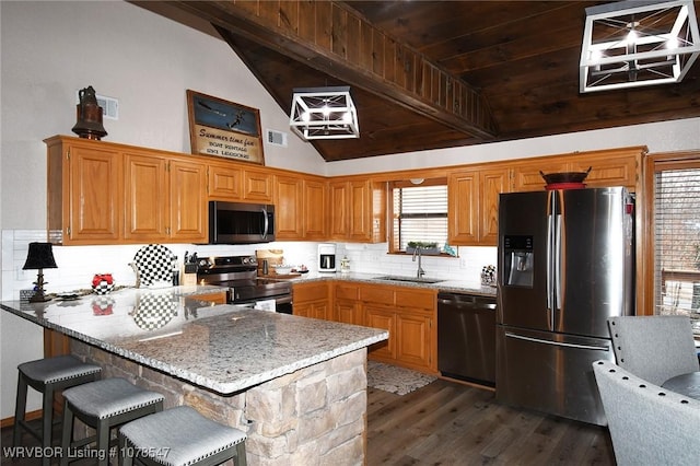 kitchen featuring sink, tasteful backsplash, wooden ceiling, appliances with stainless steel finishes, and kitchen peninsula