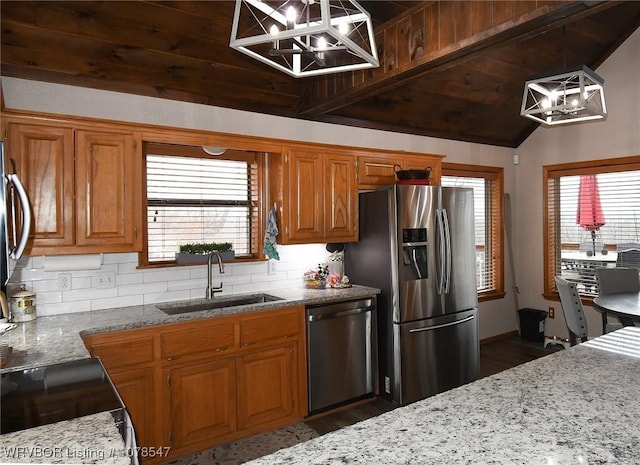 kitchen with sink, decorative light fixtures, wooden ceiling, appliances with stainless steel finishes, and backsplash